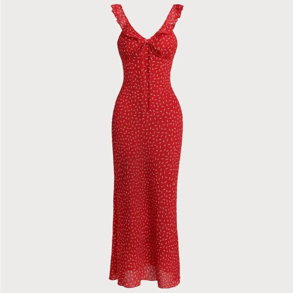 RIHOAS Red Floral V Neck Ruffle Maxi Dress XS - Picture 1 of 4
